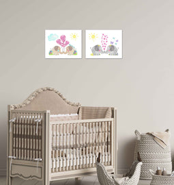 Twin Elephants Wall Art Prints Set - Home Decor For Kids, Child, Children, Baby or Toddlers Room - Gift for Newborn Baby Shower | Set of 2 - Unframed- 8x10 Photos