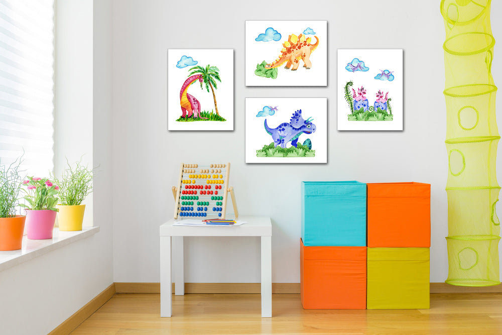 Kids Dino Dinosaur Wall Art Prints Set - Home Decor For Kids, Child, Children, Baby or Toddlers Room - Gift for Newborn Baby Shower | Set of 4 - Unframed- 8x10 Photos