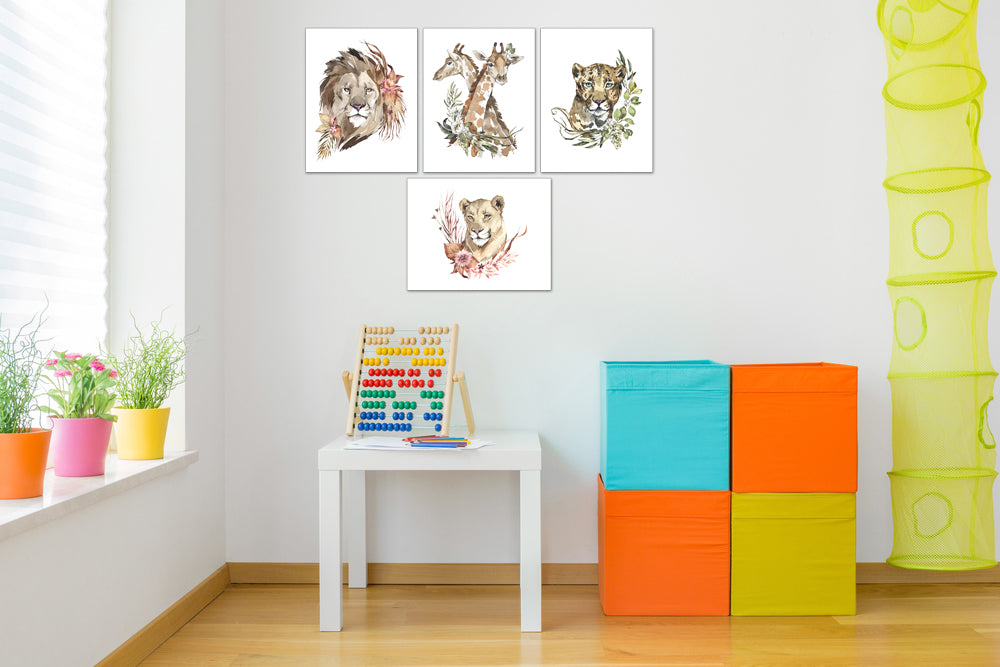Loin Tiger & Garaph Safari Animal Nursery Wall Art Prints Set - Home Decor For Kids, Child, Children, Baby or Toddlers Room - Gift for Newborn Baby Shower | Set of 4 - Unframed- 8x10 Photos