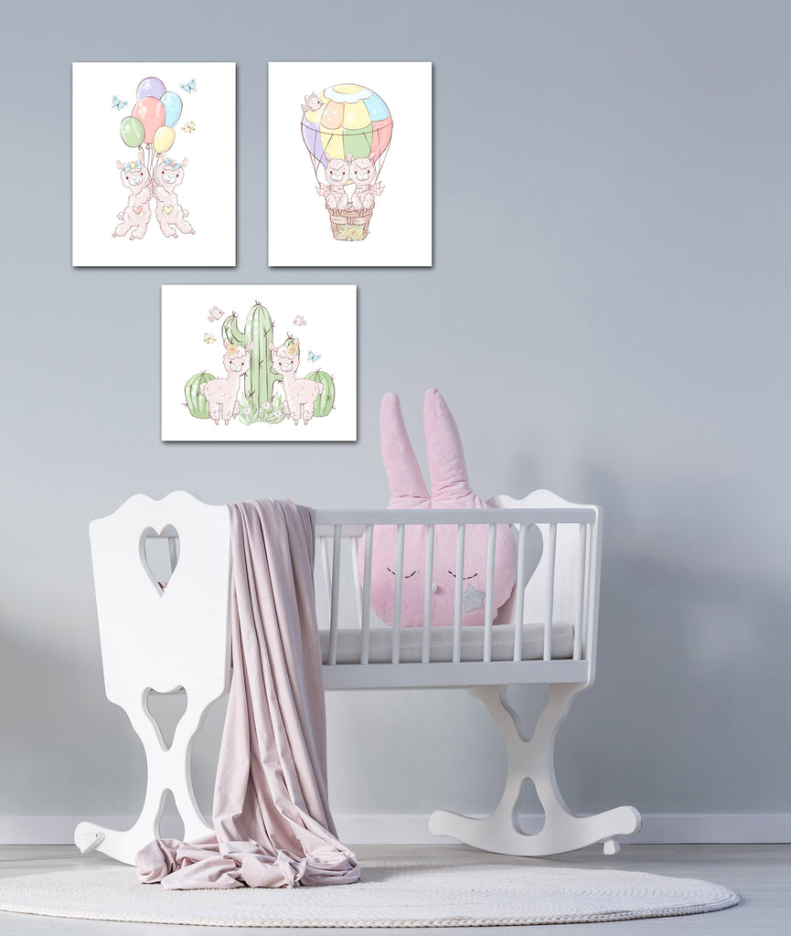 Twin Llamas Wall Art Prints Set - Home Decor For Kids, Child, Children, Baby or Toddlers Room - Gift for Newborn Baby Shower | Set of 3 - Unframed- 8x10 Photos
