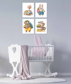 Rabbit & Mouse Starting Nursery Scholling Wall Art Prints Set - Home Decor For Kids, Child, Children, Baby or Toddlers Room - Gift for Newborn Baby Shower | Set of 4 - Unframed- 8x10 Photos