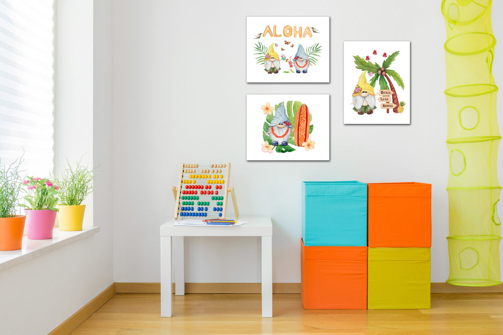 Aloha Hawaiian Gnomes Bedroom Wall Art Prints Set - Home Decor For Kids, Child, Children, Baby or Toddlers Room - Gift for Newborn Baby Shower | Set of 3 - Unframed- 8x10 Photos