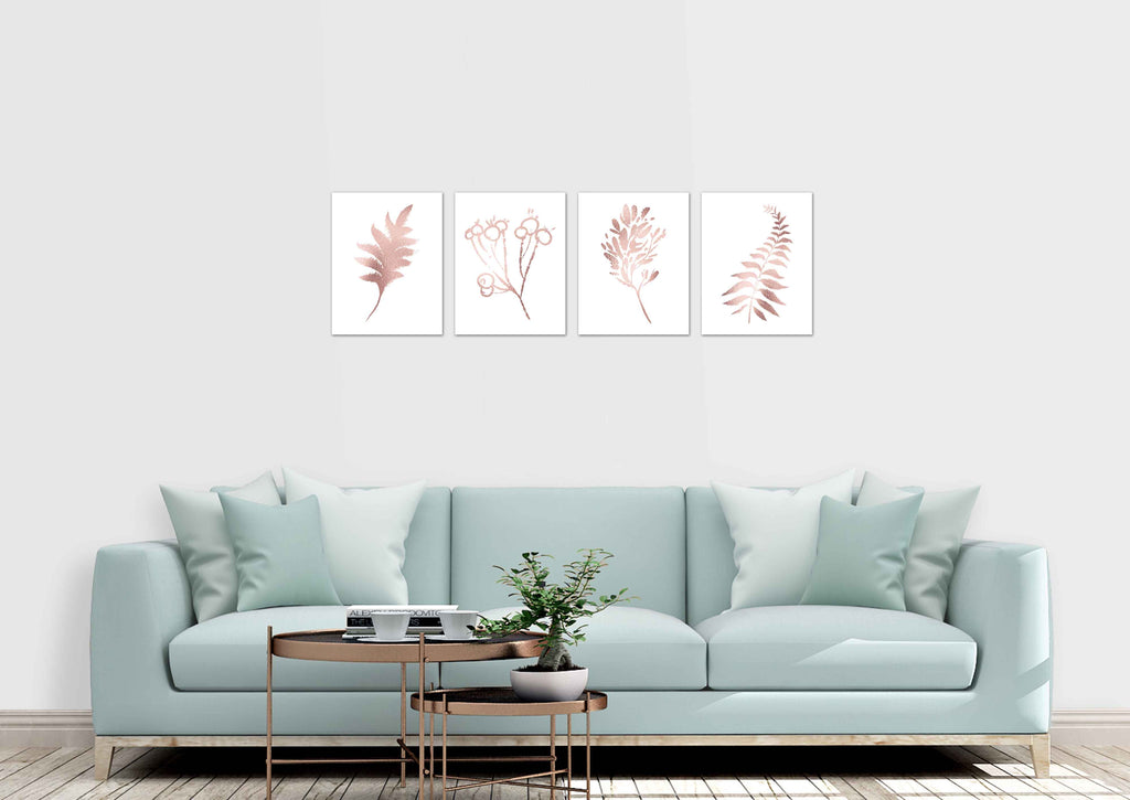 Botanical Plants Rose Gold Foliage Nursery Wall Art Prints Set - Ideal Gift For Family Room Kitchen Play Room Wall Décor Birthday Wedding Anniversary | Set of 4 - Unframed- 8x10 Photos