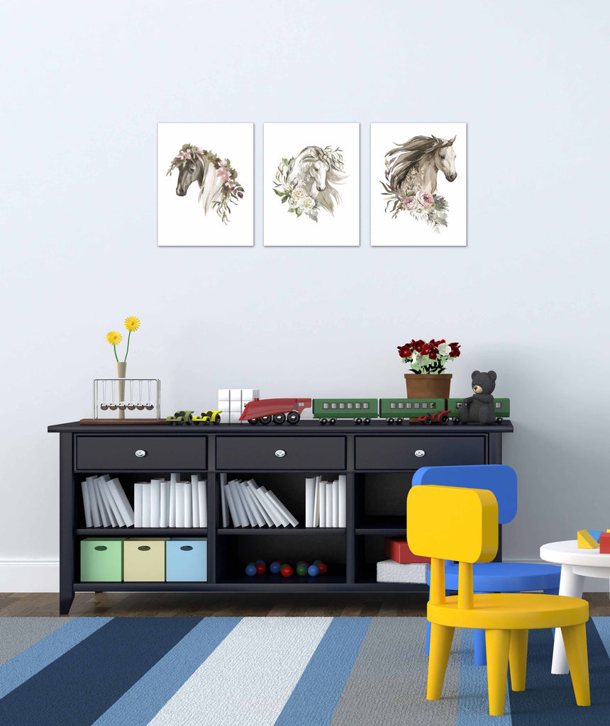 Horses Face Sketch Nursery Wall Art Prints Set - Home Decor For Kids, Child, Children, Baby or Toddlers Room - Gift for Newborn Baby Shower | Set of 3 - Unframed- 8x10 Photos