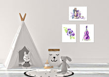 Load image into Gallery viewer, Purple Violin Books Flower Wall Art Prints Set - Home Decor For Kids, Child, Children, Baby or Toddlers Room - Gift for Newborn Baby Shower | Set of 3 - Unframed- 8x10 Photos