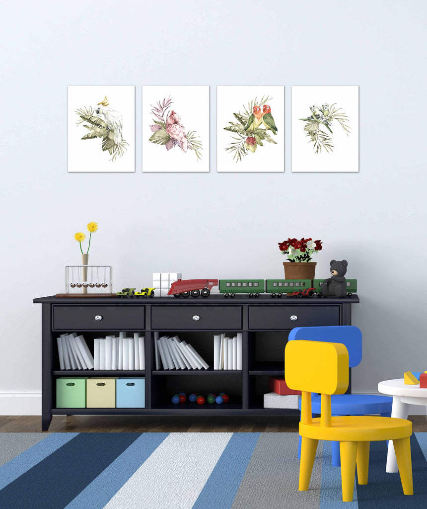 Adorable Parrots Birds and Foliage Wall Art Prints Set - Home Decor For Kids, Child, Children, Baby or Toddlers Room - Gift for Newborn Baby Shower | Set of 4 - Unframed- 8x10 Photos