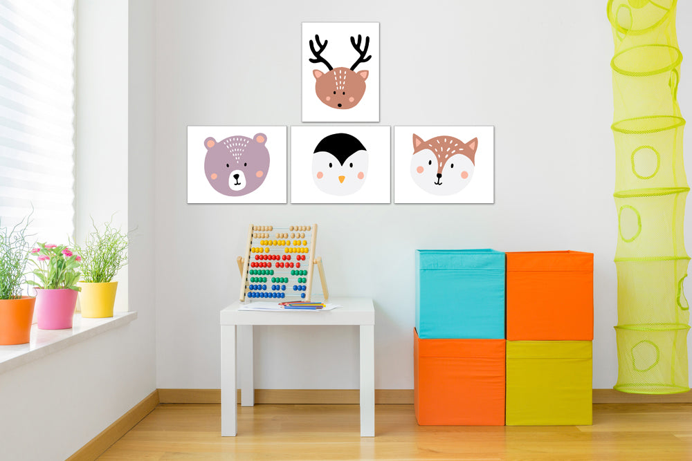 Nursery Animal Faces Reindeer Bear Cat Wall Art Prints Set - Home Decor For Kids, Child, Children, Baby or Toddlers Room - Gift for Newborn Baby Shower | Set of 4 - Unframed- 8x10 Photos