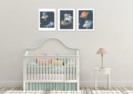 Spaceship & Astronaut Space Alien Wall Art Prints Set - Home Decor For Kids, Child, Children, Baby or Toddlers Room - Gift for Newborn Baby Shower | Set of 3 - Unframed- 8x10 Photos
