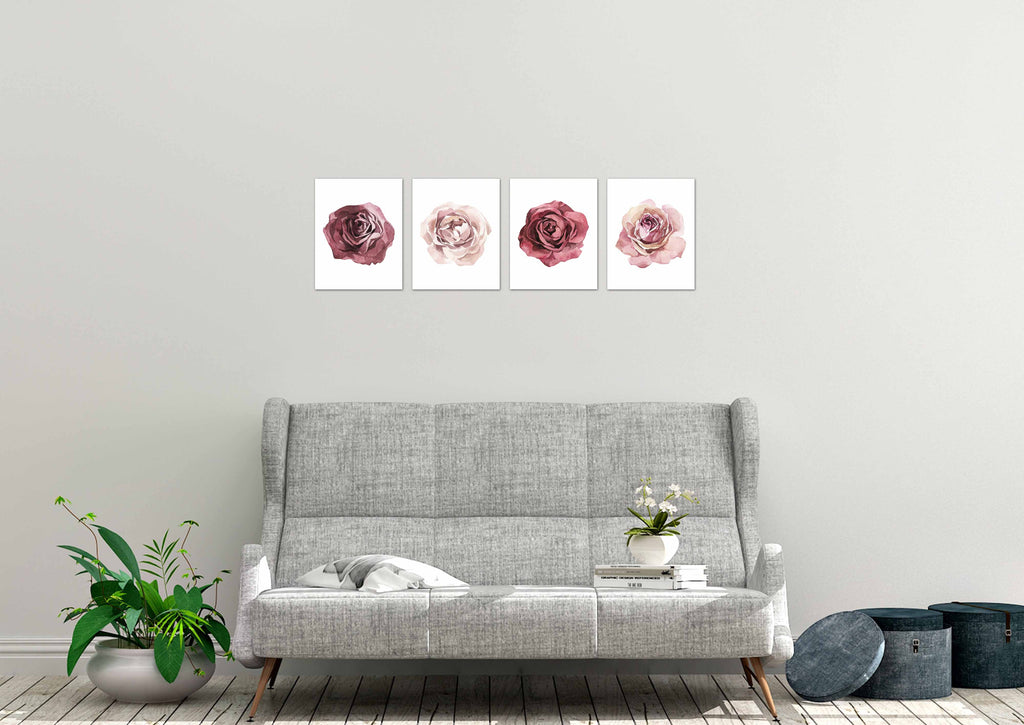 Pink & Red Roses Flowers Wall Art Prints Set - Ideal Gift For Family Room Kitchen Play Room Wall Décor Birthday Wedding Anniversary | Set of 4 - Unframed- 8x10 Photos