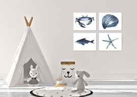 Crab Starfish Jellyfish & Fish Blue Saphire Ocean Wall Art Prints Set - Home Decor For Kids, Child, Children, Baby or Toddlers Room - Gift for Newborn Baby Shower | Set of 4 - Unframed- 8x10 Photos