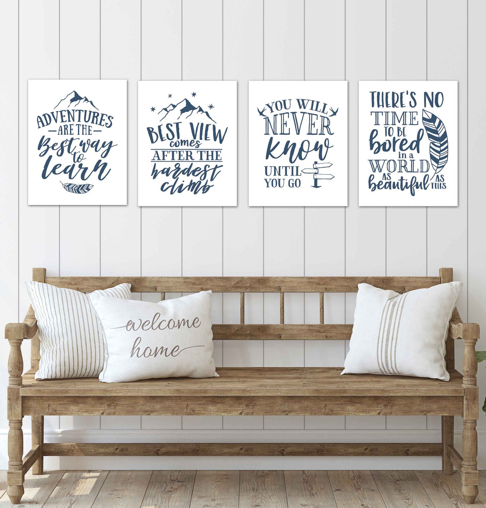 Blue Adventure Motivational and Inspirational Quotes Wall Art Prints Set - Ideal Gift For Family Room Kitchen Play Room Wall Décor Birthday Wedding Anniversary | Set of 4 - Unframed- 8x10 Photos