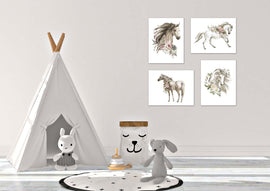Abstract Horses Sketch Floral Wall Art Prints Set - Home Decor For Kids, Child, Children, Baby or Toddlers Room - Gift for Newborn Baby Shower | Set of 4 - Unframed- 8x10 Photos