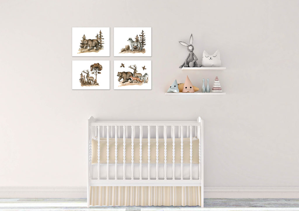 Bear Wolf Reindeer & Forest Animal Wall Art Prints Set - Home Decor For Kids, Child, Children, Baby or Toddlers Room - Gift for Newborn Baby Shower | Set of 4 - Unframed- 8x10 Photos