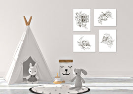 Pencil Sketch House Windmill Design Wall Art Prints Set - Ideal Gift For Family Room Kitchen Play Room Wall Décor Birthday Wedding Anniversary | Set of 4 - Unframed- 8x10 Photos