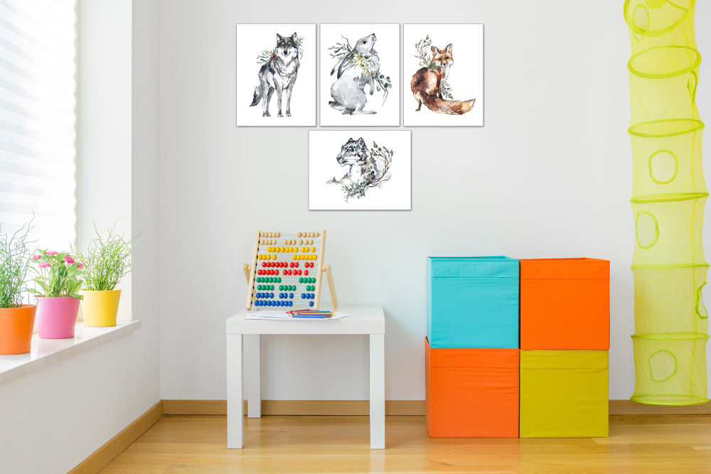 Wolf Rabbit Fox Tiger In Snow Forest Animal Nursery Wall Art Prints Set - Home Decor For Kids, Child, Children, Baby or Toddlers Room - Gift for Newborn Baby Shower | Set of 4 - Unframed- 8x10 Photos
