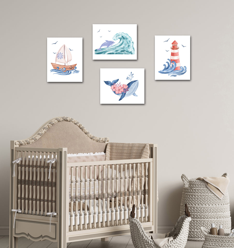 Ocean Nursery Wall Art Prints Set - Home Decor For Kids, Child, Children, Baby or Toddlers Room - Gift for Newborn Baby Shower | Set of 4 - Unframed- 8x10 Photos