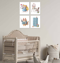 Rabbit & Mouse Nursery Scholling Wall Art Prints Set - Home Decor For Kids, Child, Children, Baby or Toddlers Room - Gift for Newborn Baby Shower | Set of 4 - Unframed- 8x10 Photos