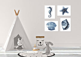 Seahorse Starfish jellyfish & Oyster Blue Saphire Ocean Wall Art Prints Set - Home Decor For Kids, Child, Children, Baby or Toddlers Room - Newborn Baby Shower Gift | Set of 4 - Unframed- 8x10 Photos