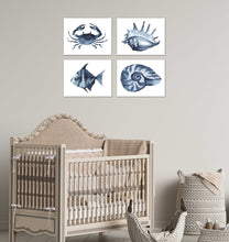 Load image into Gallery viewer, Crab Fish Shells Blue Saphire Ocean Wall Art Prints Set - Home Decor For Kids, Child, Children, Baby or Toddlers Room - Gift for Newborn Baby Shower | Set of 4 - Unframed- 8x10 Photos