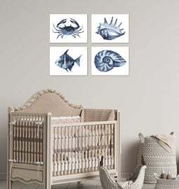 Crab Fish Shells Blue Saphire Ocean Wall Art Prints Set - Home Decor For Kids, Child, Children, Baby or Toddlers Room - Gift for Newborn Baby Shower | Set of 4 - Unframed- 8x10 Photos