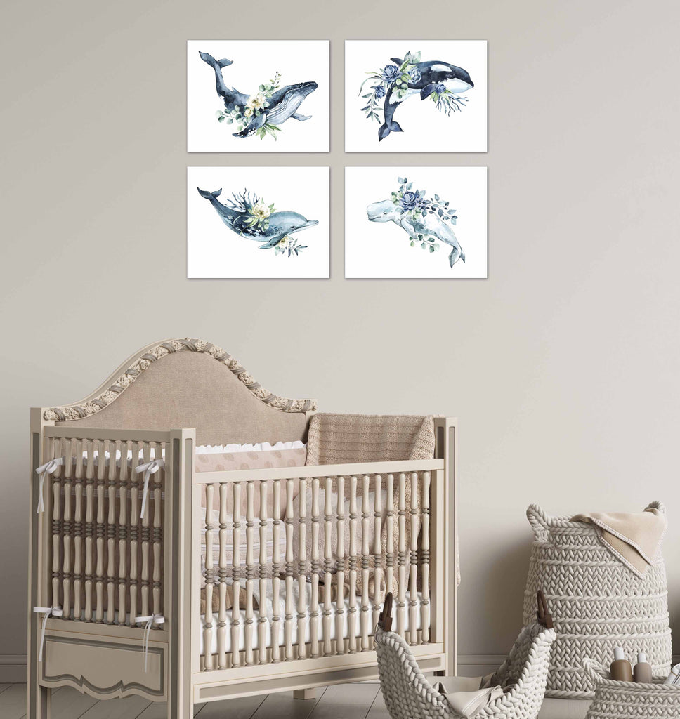 Shark  Dolphine Nursery Ocean Animal Wall Art Prints Set - Home Decor For Kids, Child, Children, Baby or Toddlers Room - Gift for Newborn Baby Shower | Set of 4 - Unframed- 8x10 Photos