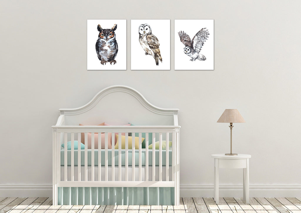 Adorable Owls Wall Art Prints Set - Home Decor For Kids, Child, Children, Baby or Toddlers Room - Gift for Newborn Baby Shower | Set of 3 - Unframed- 8x10 Photos