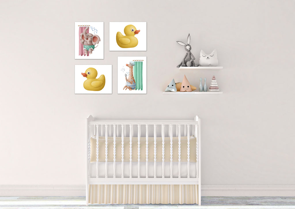 Duck Elephant & Garaph Bath Shower Time Nursery Wall Art Prints Set - Home Decor For Kids, Child, Children, Baby or Toddlers Room - Gift for Newborn Baby Shower | Set of 4 - Unframed- 8x10 Photos