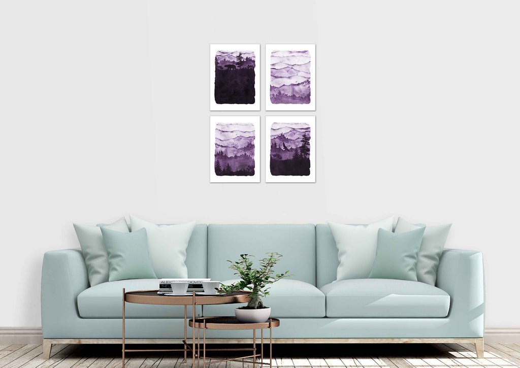 Snowy Purple Forest Wall Art Prints Set - Ideal Gift For Family Room Kitchen Play Room Wall Décor Birthday Wedding Anniversary | Set of 4 - Unframed- 8x10 Photos