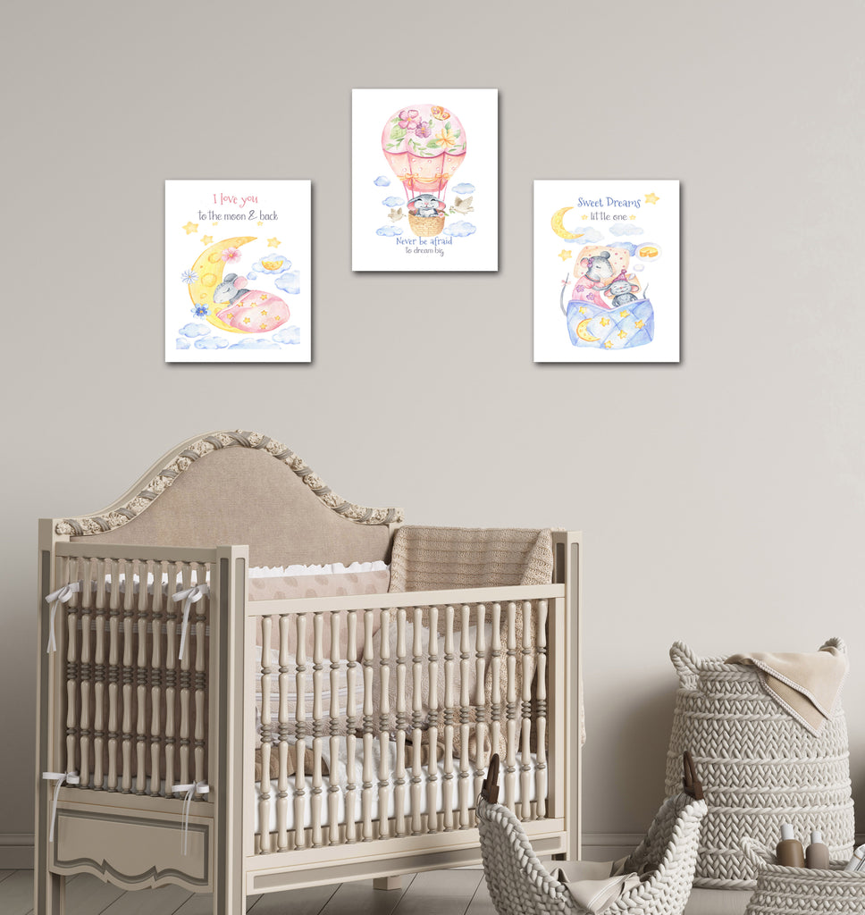 Nursery Mice Wall Art Prints Set - Home Decor For Kids, Child, Children, Baby or Toddlers Room - Gift for Newborn Baby Shower | Set of 3 - Unframed- 8x10 Photos