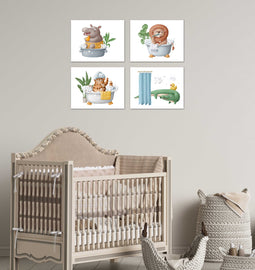 Crocodile Tiger Cat & Hippopotimus Bath Time Nursery Wall Art Prints Set - Home Decor For Kids, Child, Children, Baby or Toddlers Room - Gift for Newborn Baby Shower | Set of 4 - Unframed- 8x10 Photos