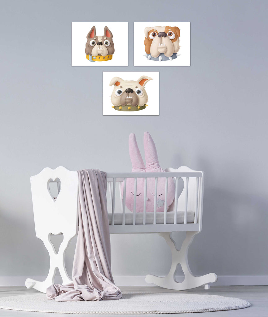 Cute Bulldogs Faces Wall Art Prints Set - Home Decor For Kids, Child, Children, Baby or Toddlers Room - Gift for Newborn Baby Shower | Set of 3 - Unframed- 8x10 Photos