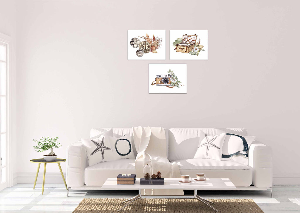 Travel Camera Picnic Basket Wall Art Prints Set - Ideal Gift For Family Room Kitchen Play Room Wall Décor Birthday Wedding Anniversary | Set of 3 - Unframed- 8x10 Photos