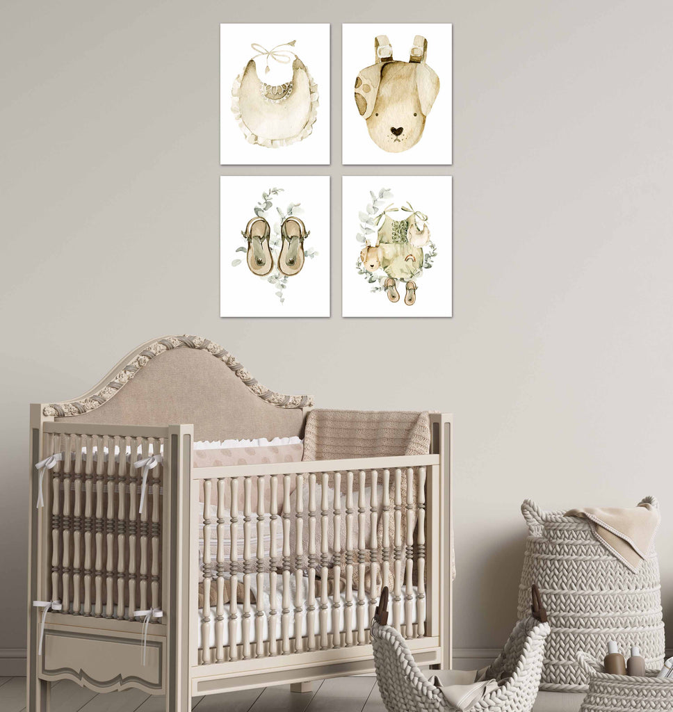 Frok Bag Bib & Sandle Boho Nursery Wall Art Prints Set - Home Decor For Kids, Child, Children, Baby or Toddlers Room - Gift for Newborn Baby Shower | Set of 4 - Unframed- 8x10 Photos