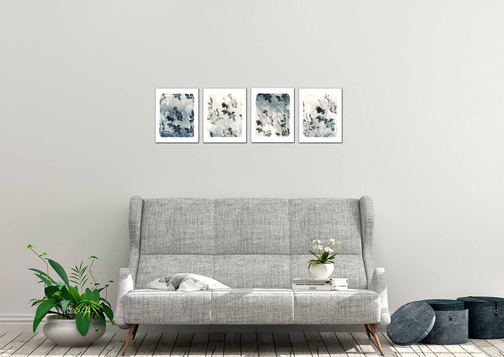 Floral Grey Roses Print Wall Art Prints Set - Ideal Gift For Family Room Kitchen Play Room Wall Décor Birthday Wedding Anniversary | Set of 4 - Unframed- 8x10 Photos