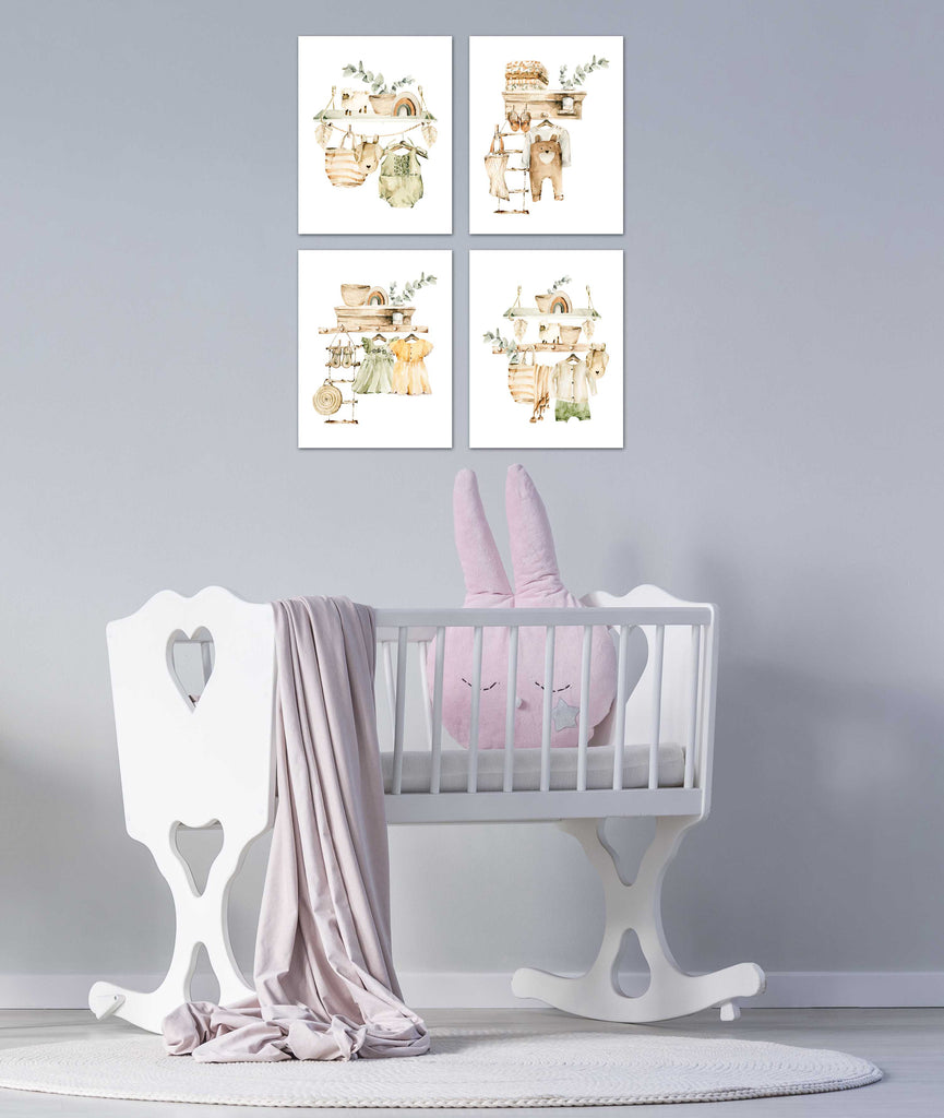 Farmhouse Boho Nursery Baby Garments Wall Art Prints Set - Home Decor For Kids, Child, Children, Baby or Toddlers Room - Gift for Newborn Baby Shower | Set of 4 - Unframed- 8x10 Photos