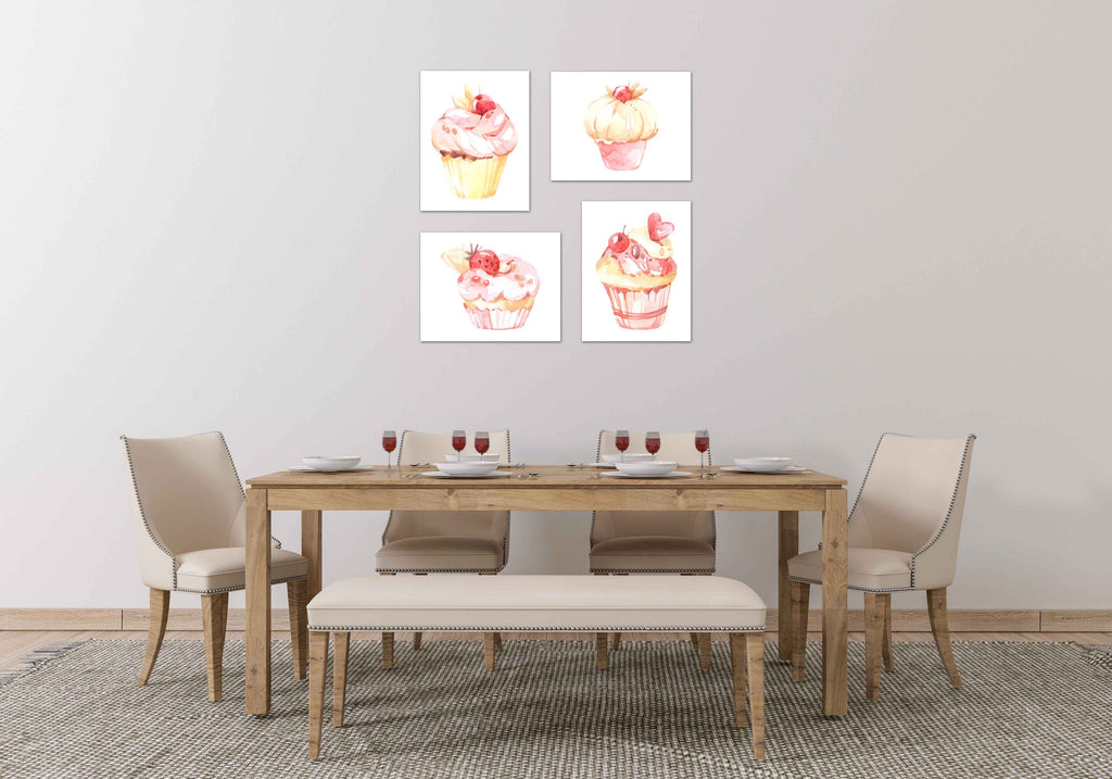 Sweet Cupcakes Cakes Wall Art Prints Set - Ideal Gift For Family Room Kitchen Play Room Wall Décor Birthday Wedding Anniversary | Set of 4 - Unframed- 8x10 Photos