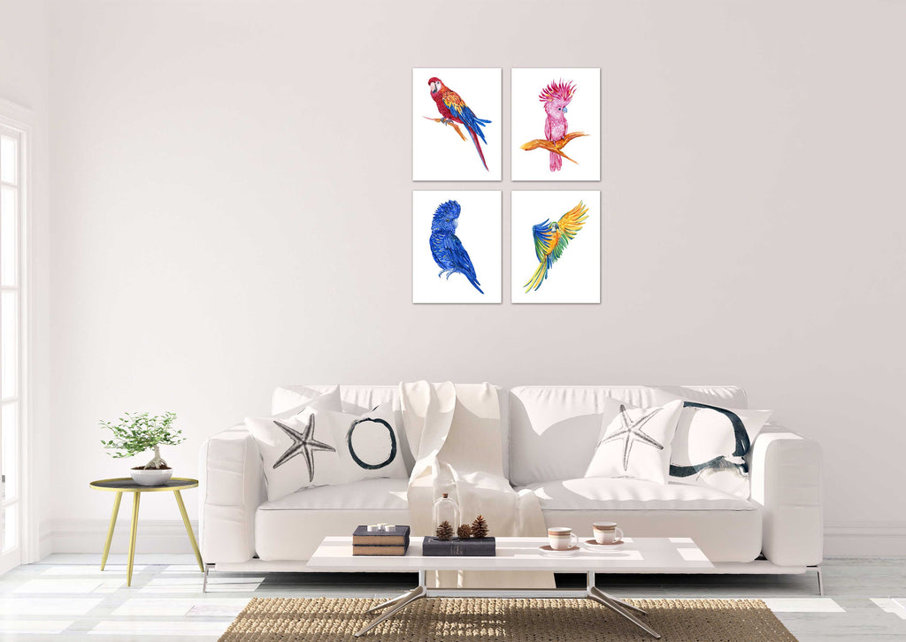 Colorful Macaws and Cockatoos Parrots Nursery Wall Art Prints Set - Home Decor For Kids, Child, Children, Baby or Toddlers Room - Gift for Newborn Baby Shower | Set of 4 - Unframed- 8x10 Photos