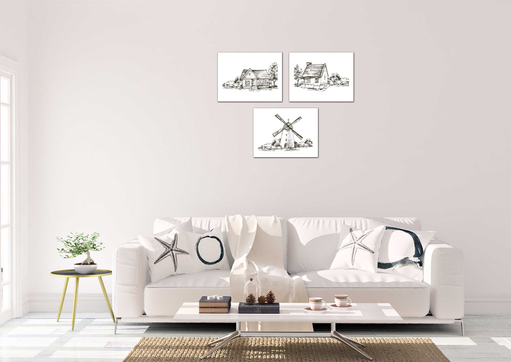 Pencil Sketch House Windmill Wall Art Prints Set - Ideal Gift For Family Room Kitchen Play Room Wall Décor Birthday Wedding Anniversary | Set of 4 - Unframed- 8x10 Photos
