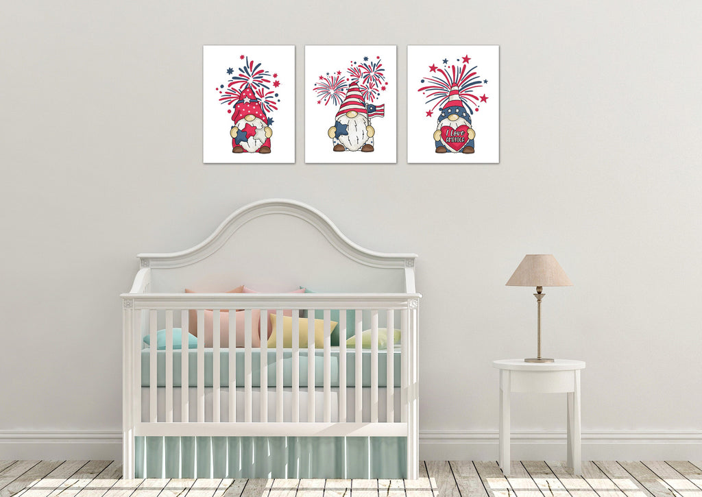 American Patriotic Gnome Independence Day 4th Of July Wall Art Prints Set - Ideal Gift For Family Room Kitchen Play Room Wall Décor Birthday Wedding Anniversary | Set of 3 - Unframed- 8x10 Photos