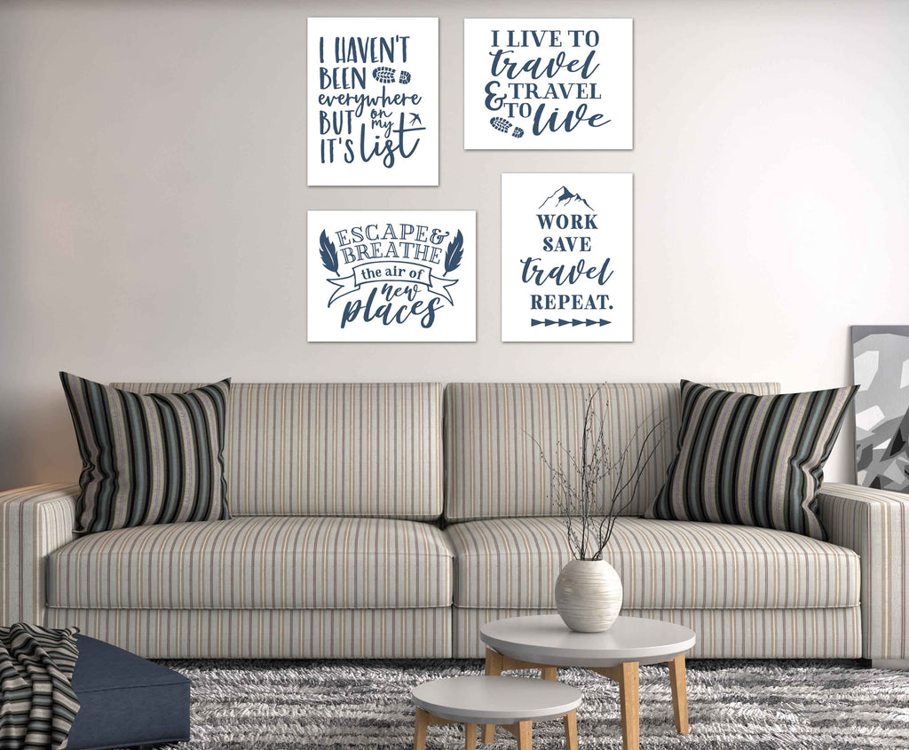 Blue Travel Adventure Motivational & Inspirational Quotes Wall Art Prints Set - Ideal Gift For Family Room Kitchen Play Room Wall Décor Birthday Wedding Anniversary | Set of 4 - Unframed- 8x10 Photos