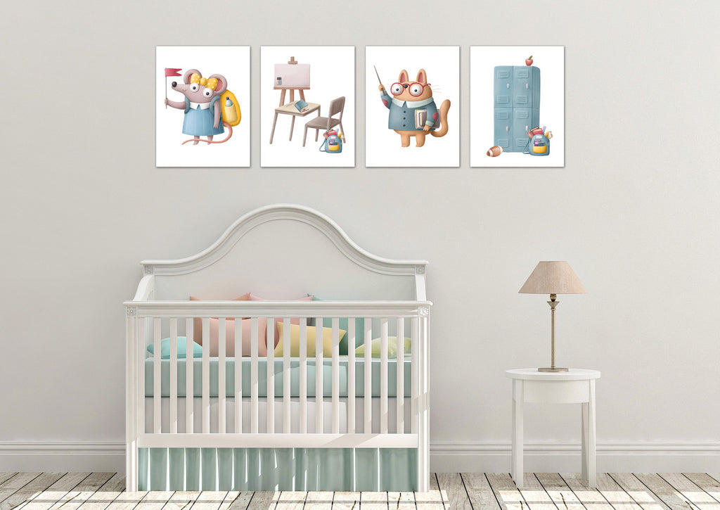 Rabbit & Mouse Nursery Scholling Wall Art Prints Set - Home Decor For Kids, Child, Children, Baby or Toddlers Room - Gift for Newborn Baby Shower | Set of 4 - Unframed- 8x10 Photos