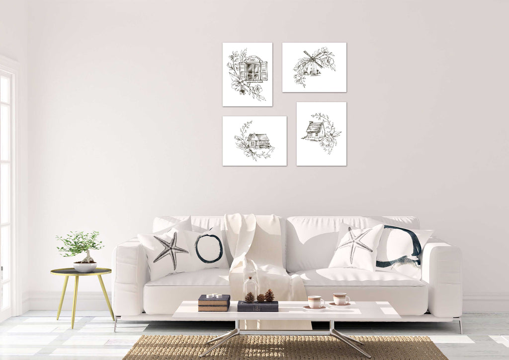 Pencil Sketch House Windmill Design Wall Art Prints Set - Ideal Gift For Family Room Kitchen Play Room Wall Décor Birthday Wedding Anniversary | Set of 4 - Unframed- 8x10 Photos