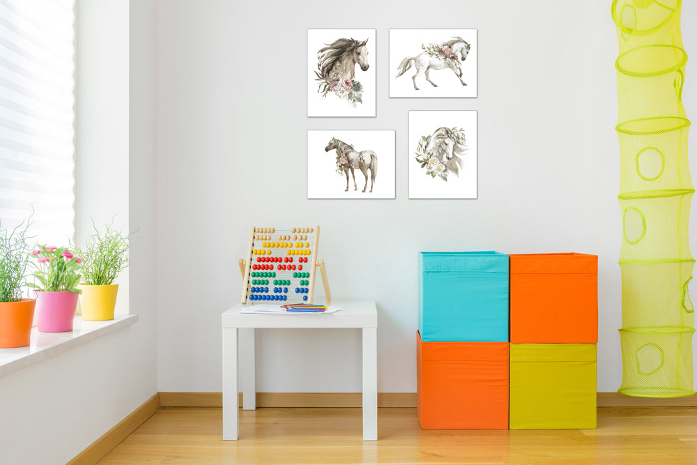 Abstract Horses Sketch Floral Wall Art Prints Set - Home Decor For Kids, Child, Children, Baby or Toddlers Room - Gift for Newborn Baby Shower | Set of 4 - Unframed- 8x10 Photos