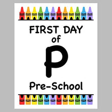 Load image into Gallery viewer, First Day of School Print, 8&quot;x10&quot; Set of 3 Pre-School, Pre-Kindergarten, Kindergarten - Crayon Color Photo Prop for Kids Back to School Sign for Photos, Frame Not Included (8&quot; x 10&quot; Color, Set 1)