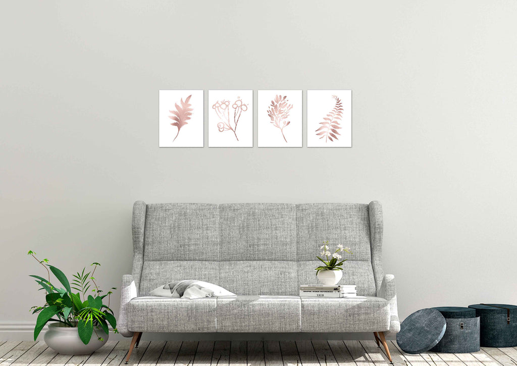 Botanical Plants Rose Gold Foliage Nursery Wall Art Prints Set - Ideal Gift For Family Room Kitchen Play Room Wall Décor Birthday Wedding Anniversary | Set of 4 - Unframed- 8x10 Photos