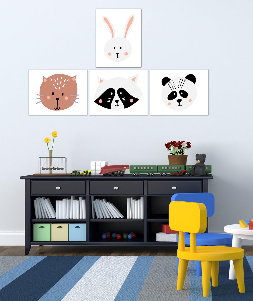 Nursery Rabbit Cat Panda Animal Faces Wall Art Prints Set - Home Decor For Kids, Child, Children, Baby or Toddlers Room - Gift for Newborn Baby Shower | Set of 4 - Unframed- 8x10 Photos