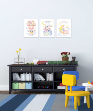 Load image into Gallery viewer, Nursery Mice Wall Art Prints Set - Home Decor For Kids, Child, Children, Baby or Toddlers Room - Gift for Newborn Baby Shower | Set of 3 - Unframed- 8x10 Photos