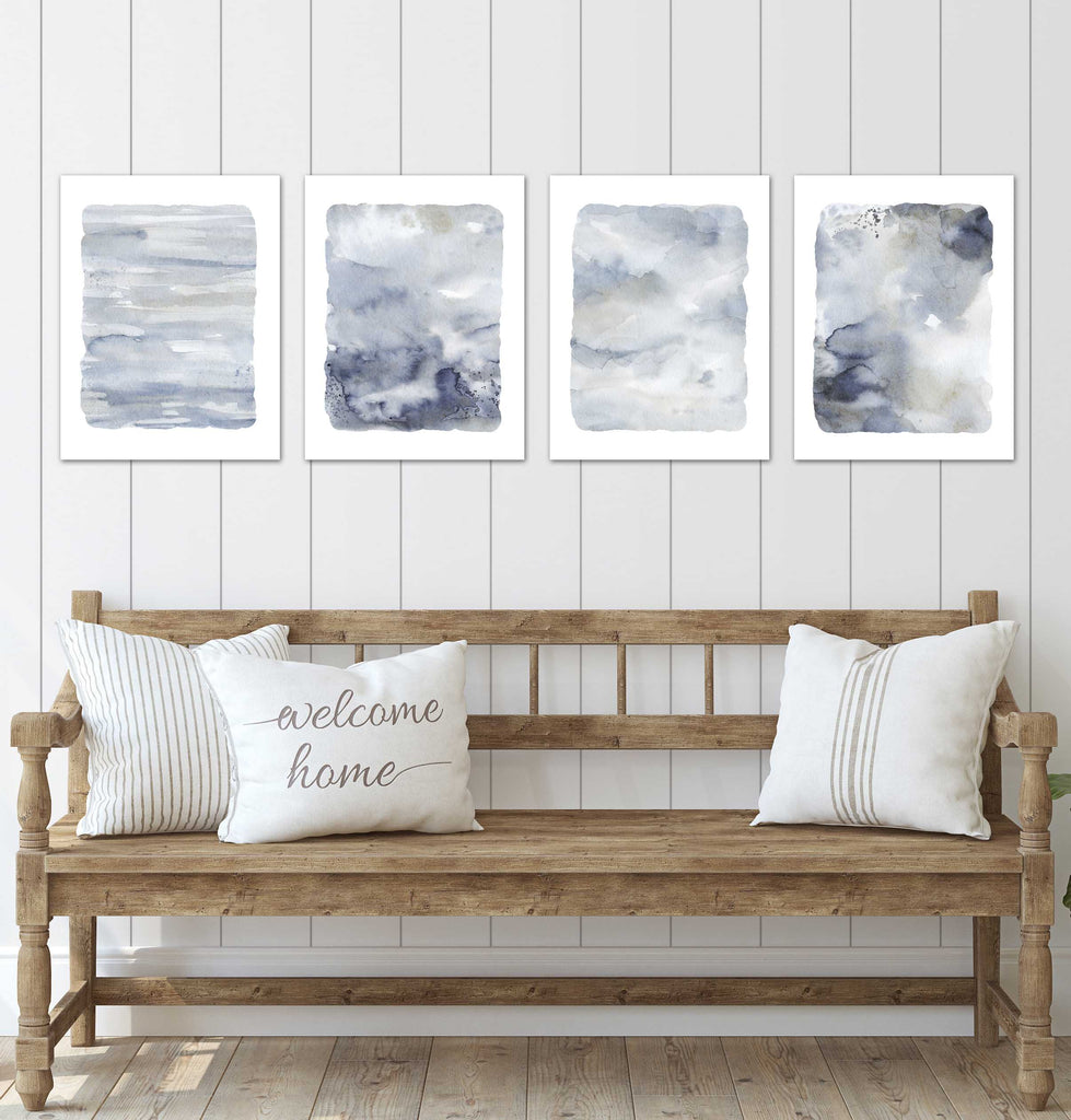 Blue Watercolor Art Marble Style Wall Art Prints Set - Ideal Gift For Family Room Kitchen Play Room Wall Décor Birthday Wedding Anniversary | Set of 4 - Unframed- 8x10 Photos