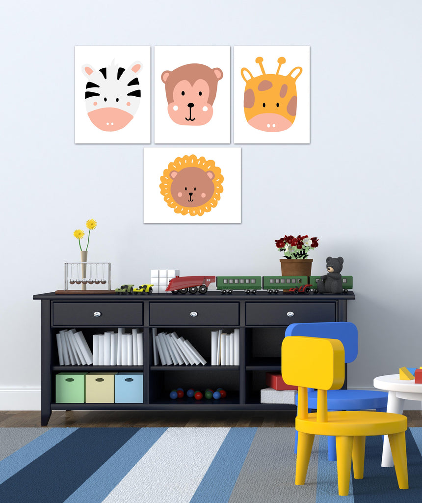 Nursery Cartoon & Animal Faces Wall Art Prints Set - Home Decor For Kids, Child, Children, Baby or Toddlers Room - Gift for Newborn Baby Shower | Set of 4 - Unframed- 8x10 Photos