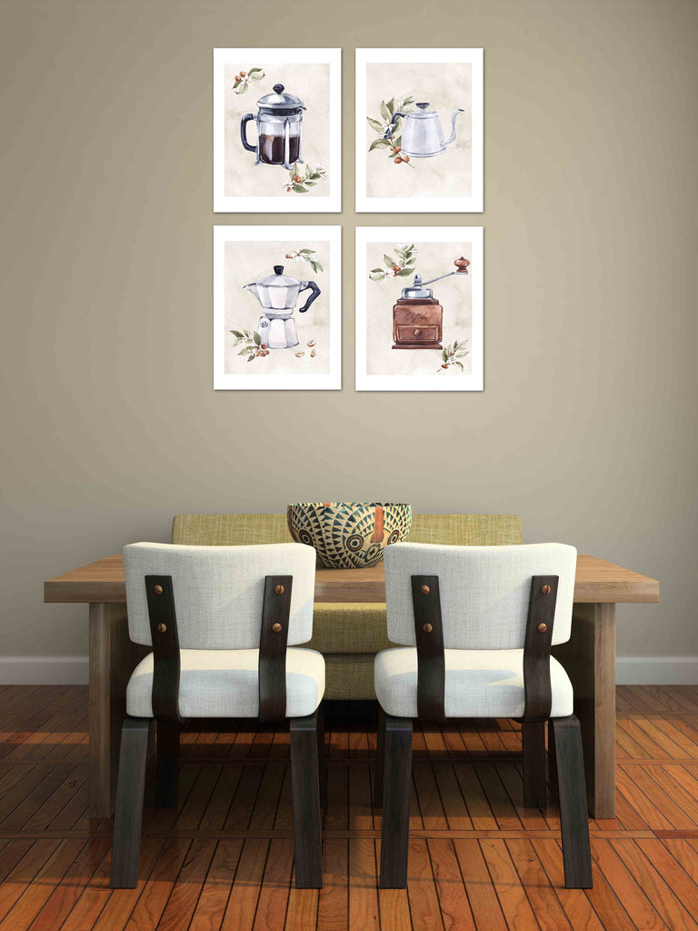 Coffee Maker & Seed Foliage Kitchen Wall Art Prints Set - Ideal Gift For Family Room Kitchen Play Room Wall Décor Birthday Wedding Anniversary | Set of 4 - Unframed- 8x10 Photos